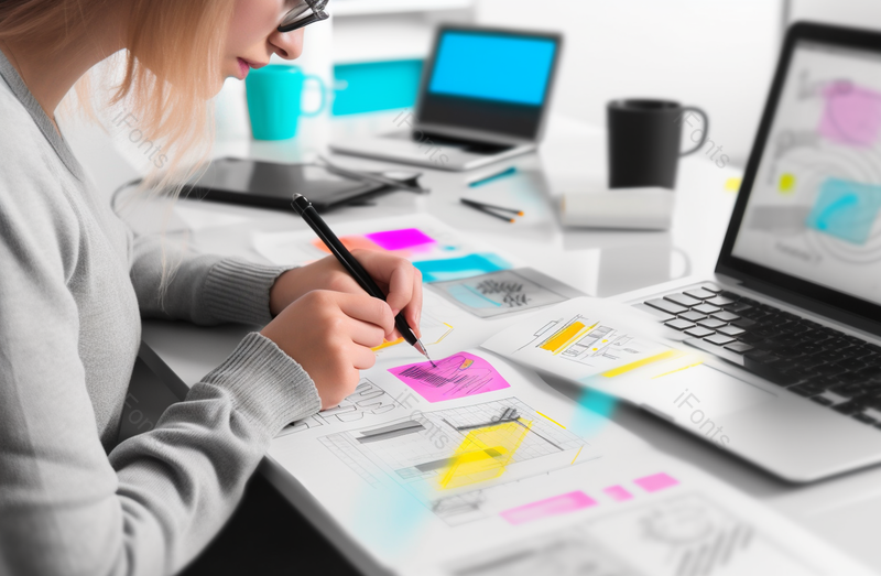 女性网页师开发人员在电脑前画草图,高清,摄影图,摄影图片,图片大全,摄影图免费下载